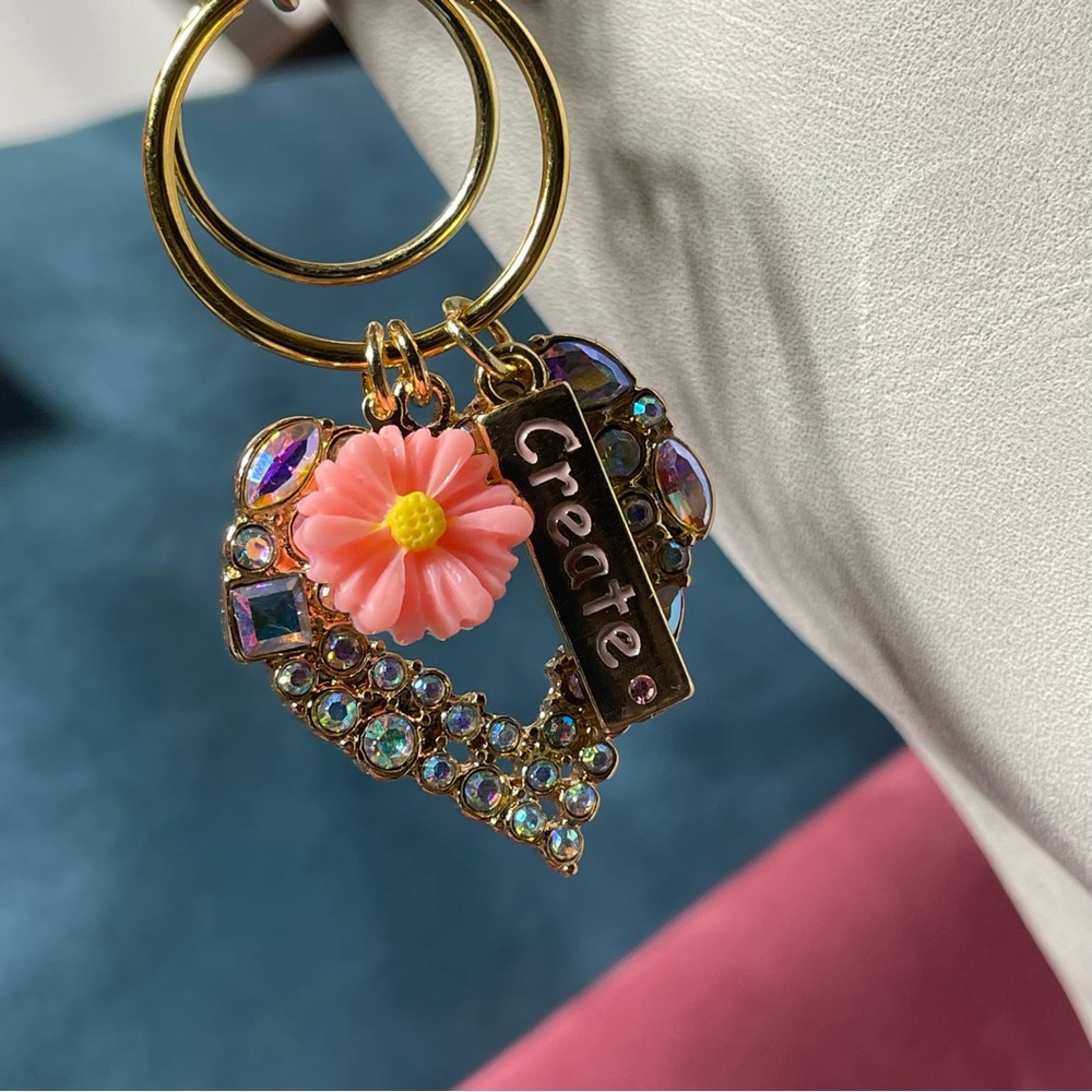 NEW “Create” Heart & Pink Flower Bag Charm Keychain Portland Leather Compatible